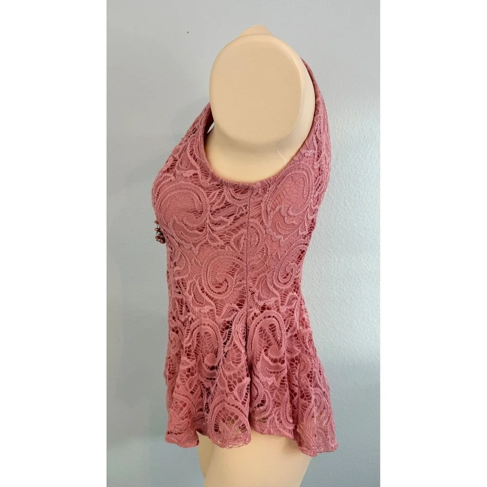 Vtg Dusty Rose Floral Lace Peplum Necklace Sleeveless Top M Coquette Victorian - Picture 14 of 16